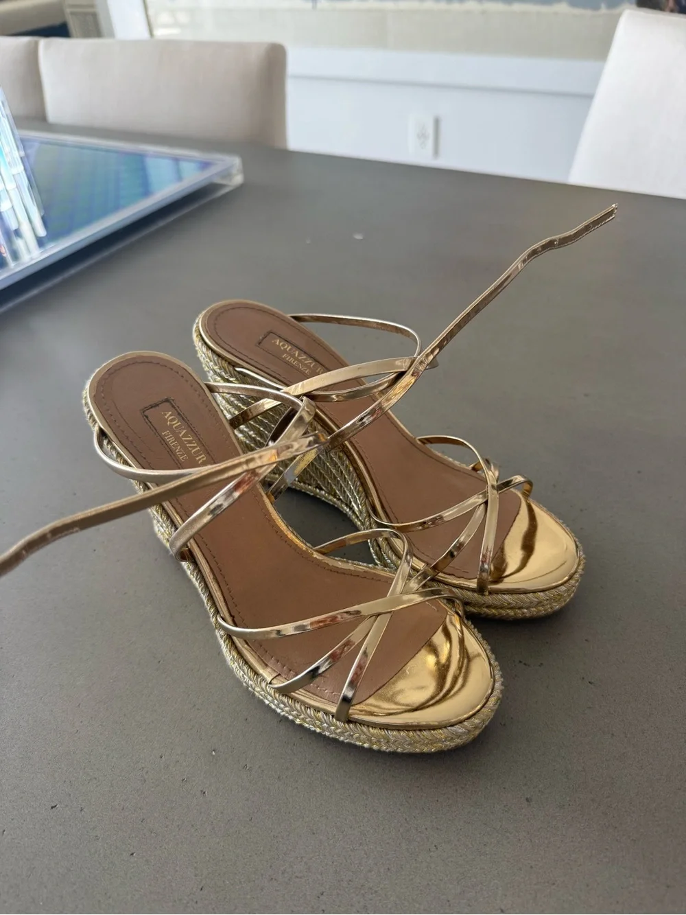 Aquazzura Metallic Gold Strappy Espadrille Sandals